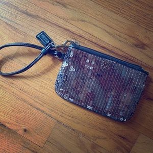 Coach Sequin Black/Gray Wristlet Leather Trim